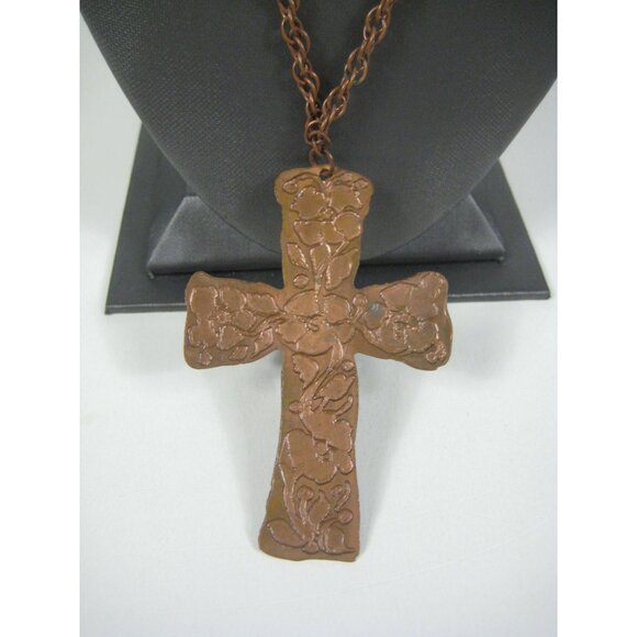 Handmade Copper Cross Pendant Necklace Floral Design Hammered CVG 30 inch Vintag - Picture 8 of 16